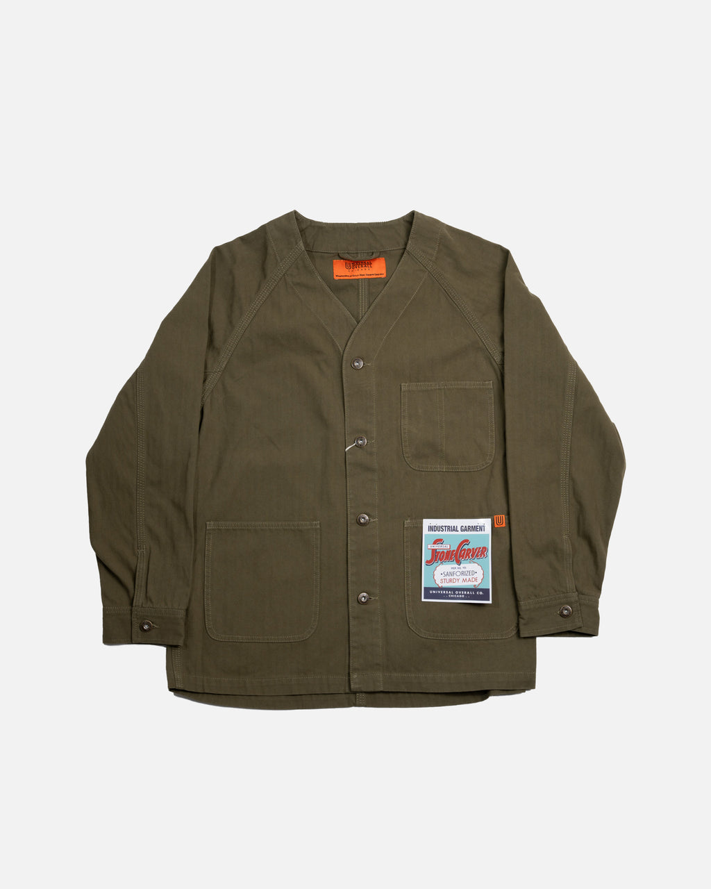 UNIVERSAL PRODUCTS “NO COLLAR BLOUSON” Universal Overall No Collar Coverall Herringbone Khaki