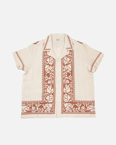 BODE Cross Stitched Rose Garland Short Sleeve Shirt Brown / White